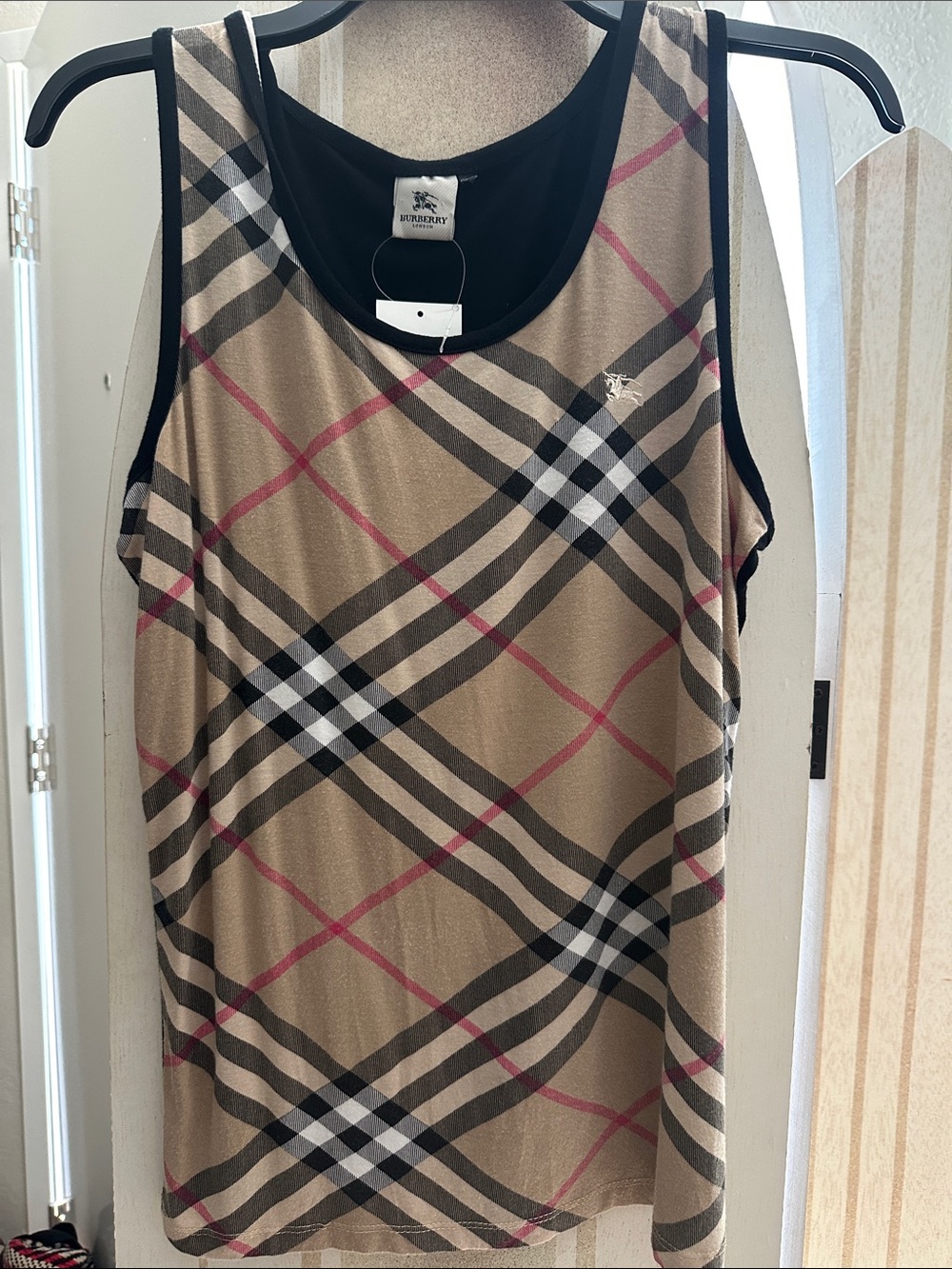 Burberry Beige Plaid Tank Top with Black Trim